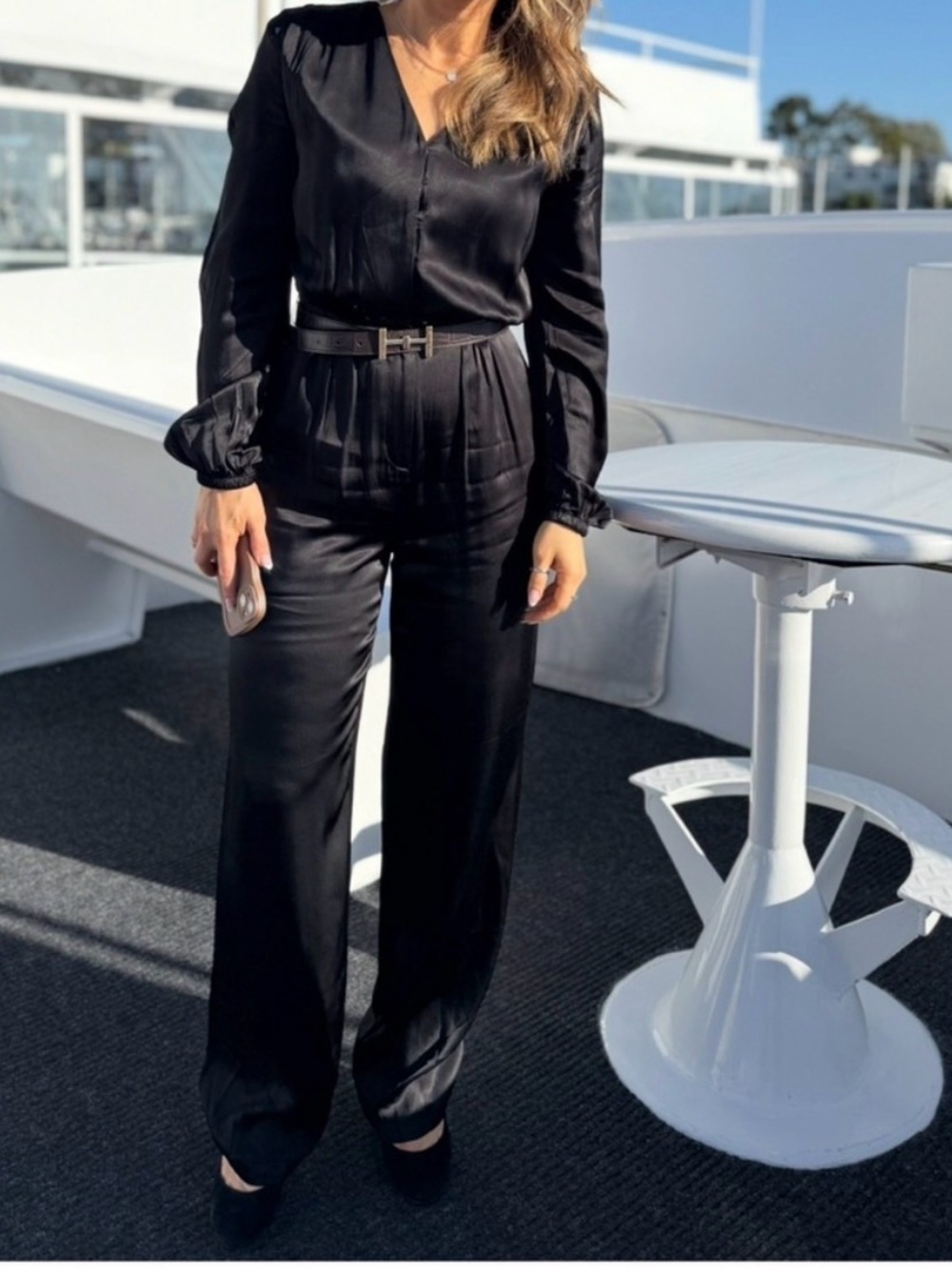 WHBM Black Satin Long-Sleeve Jumpsuit size 6